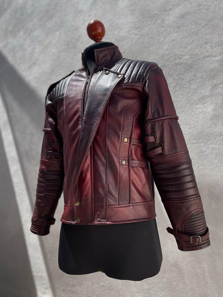 Handmade Maroon Leather Motorcycle Jacket: StarLord Cosplay Costume