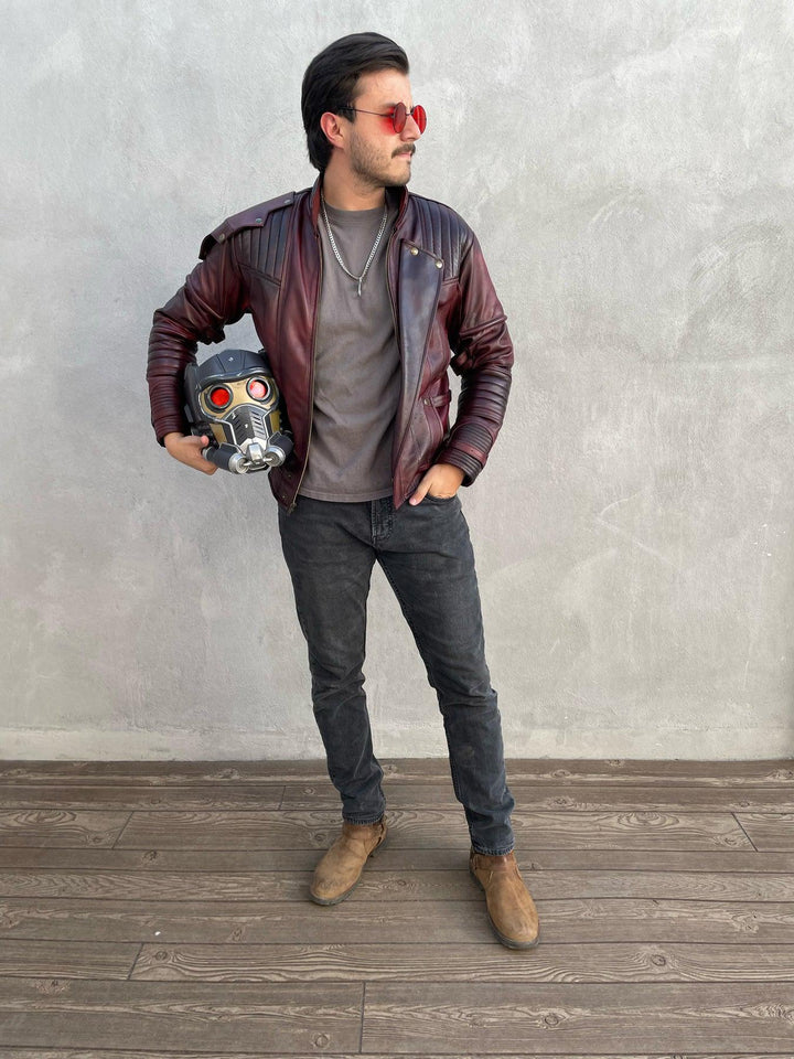 Handmade Maroon Leather Motorcycle Jacket: StarLord Cosplay Costume