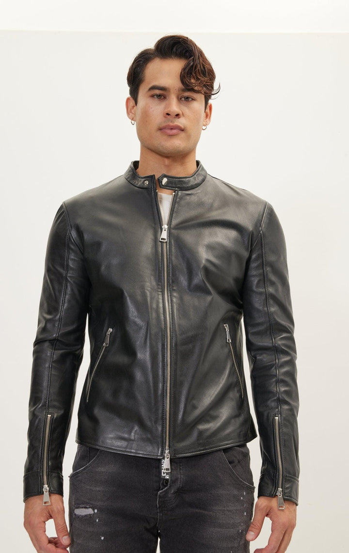 Mens Black Sheepskin Leather Cafe Racer Motorcycle Jacket
