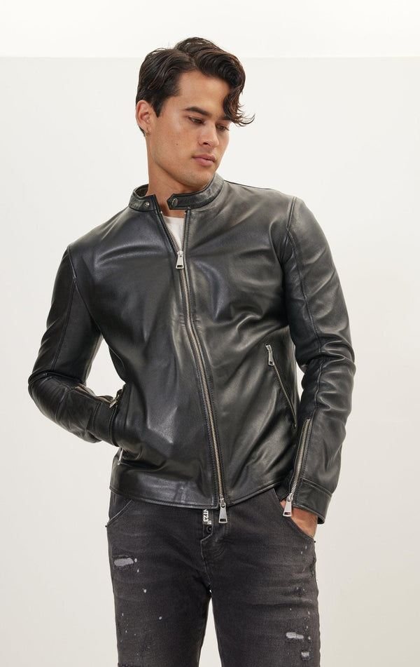 Mens Black Sheepskin Leather Cafe Racer Motorcycle Jacket