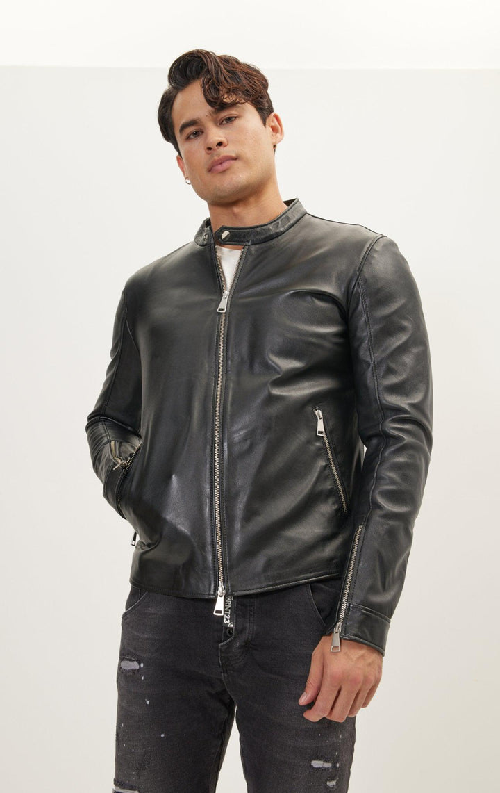 Mens Black Sheepskin Leather Cafe Racer Motorcycle Jacket