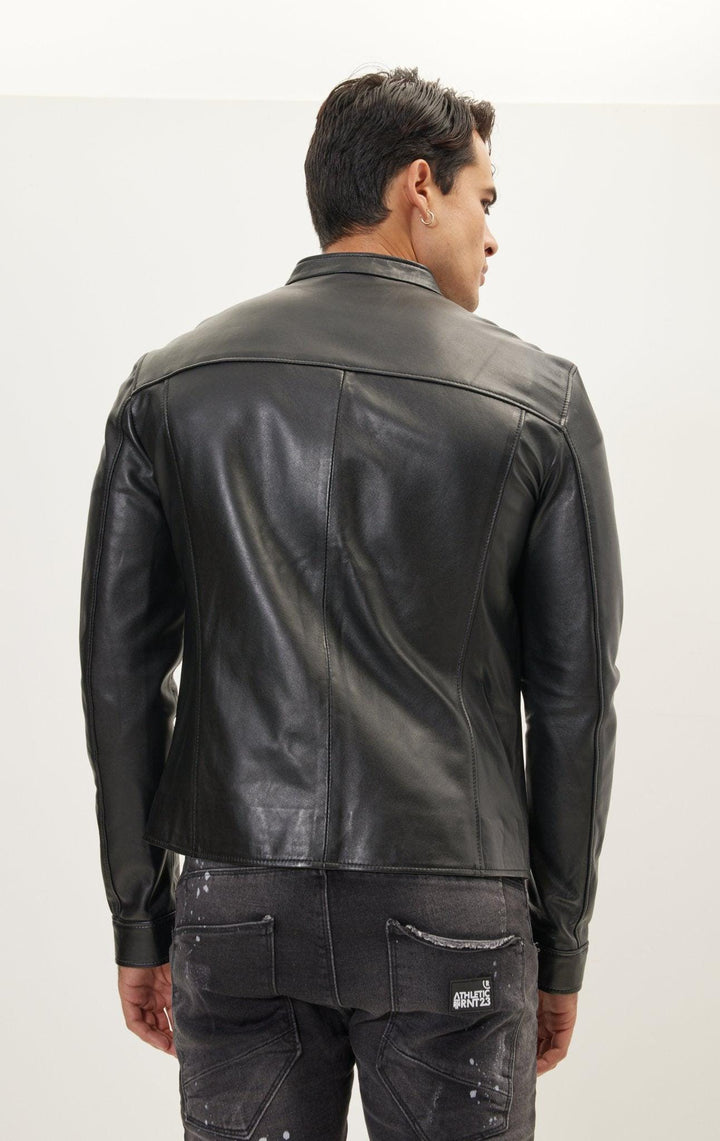 Mens Black Sheepskin Leather Cafe Racer Motorcycle Jacket