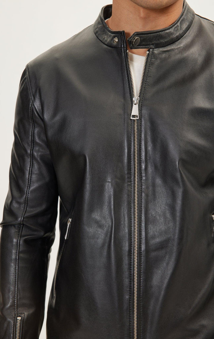 Mens Black Sheepskin Leather Cafe Racer Motorcycle Jacket