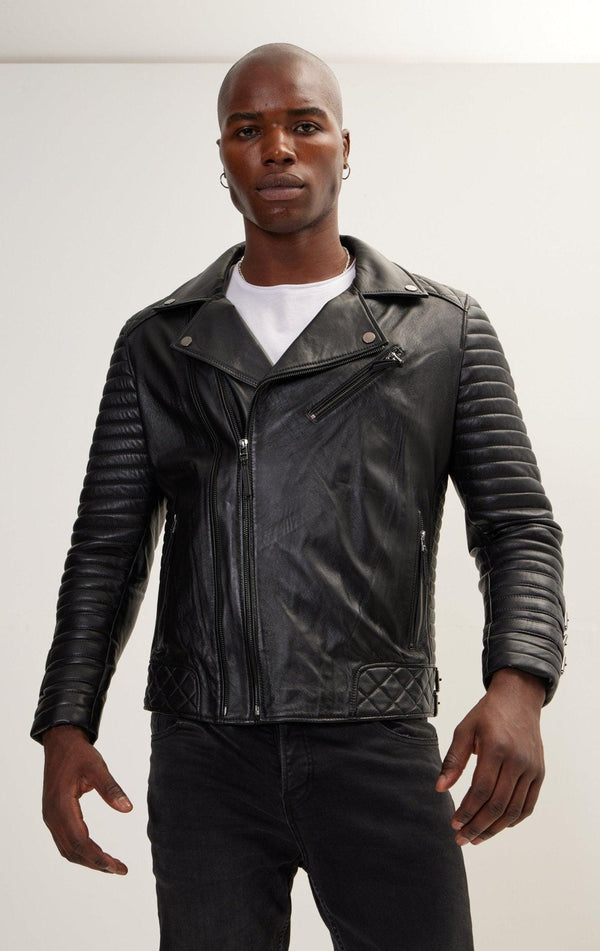 Men's Black Lambskin Leather Biker Jacket – Slim Fit, Quilted Panels