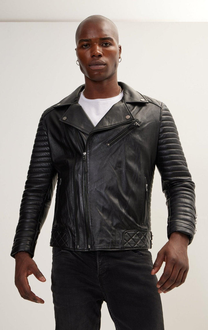 Men's Black Lambskin Leather Biker Jacket – Slim Fit, Quilted Panels