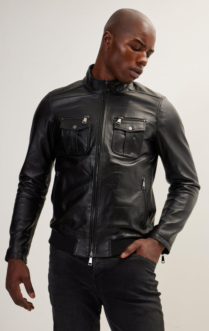 Handmade Men's Black Leather Biker Jacket - Classic Moto Style Jacket with Belt