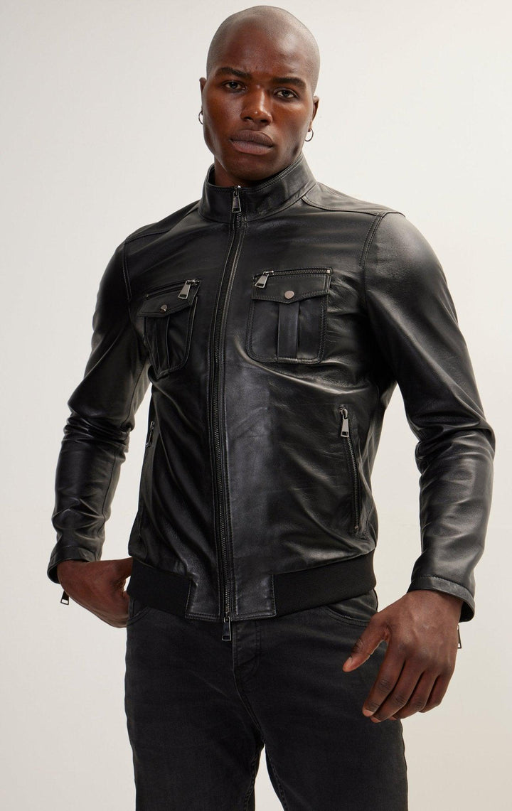 Handmade Men's Black Leather Biker Jacket - Classic Moto Style Jacket with Belt