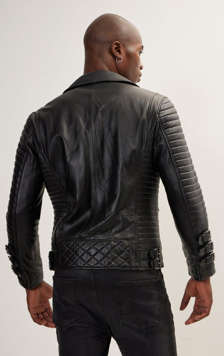 Men's Black Lambskin Leather Biker Jacket – Slim Fit, Quilted Panels