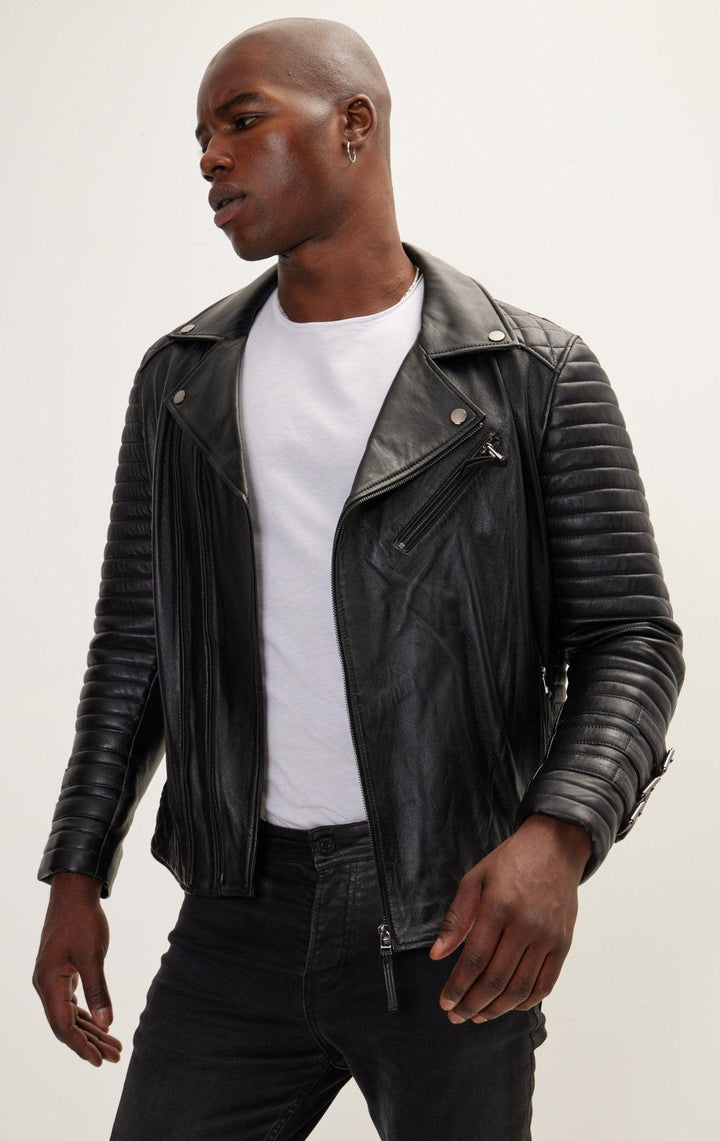 Men's Black Lambskin Leather Biker Jacket – Slim Fit, Quilted Panels