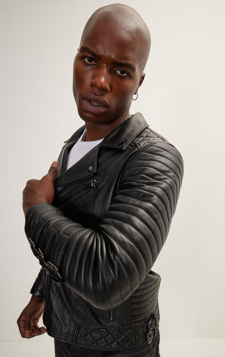 Men's Black Lambskin Leather Biker Jacket – Slim Fit, Quilted Panels