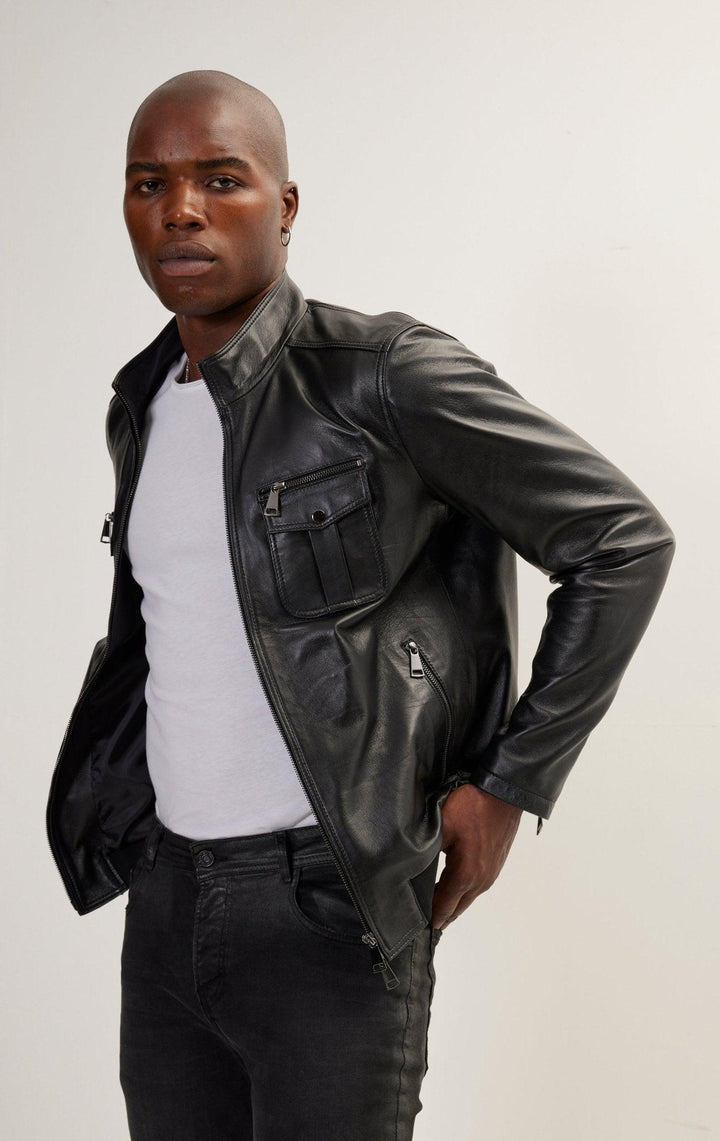Handmade Men's Black Leather Biker Jacket - Classic Moto Style Jacket with Belt