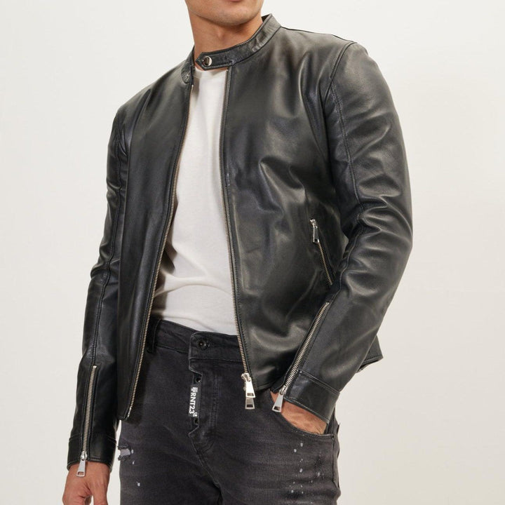 Mens Black Sheepskin Leather Cafe Racer Motorcycle Jacket