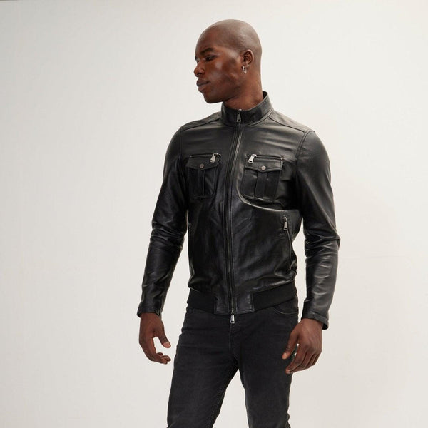 Handmade Men's Black Leather Biker Jacket - Classic Moto Style Jacket with Belt