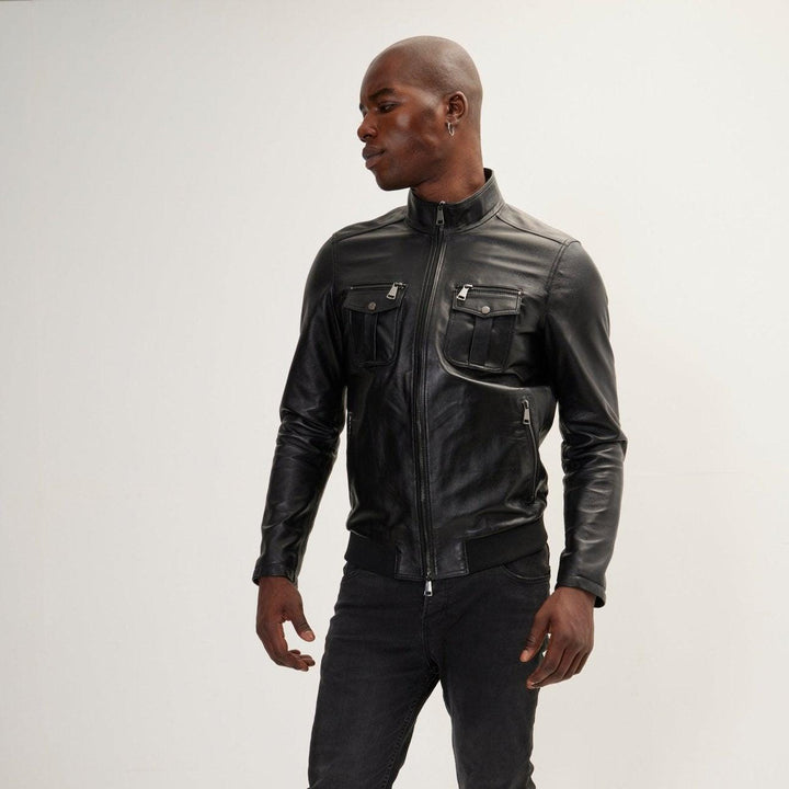 Handmade Men's Black Leather Biker Jacket - Classic Moto Style Jacket with Belt