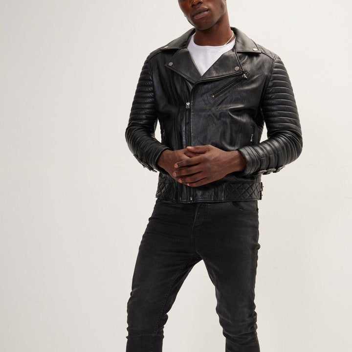 Men's Black Lambskin Leather Biker Jacket – Slim Fit, Quilted Panels
