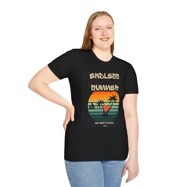 May include: A black t-shirt with a retro sunset graphic and the text 'Endless Summer' in a yellow font. The graphic also includes palm trees, a sailboat, and the text 'Key West Florida 1974'.