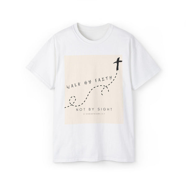 May include: White t-shirt with a beige rectangle graphic that says 'Walk by faith, not by sight' with a cross and a dotted line path. The scripture reference '2 Corinthians 5:7' is also included in the graphic.