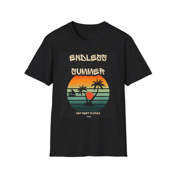 May include: Black t-shirt with a retro-style graphic design featuring a sunset, palm trees, and a sailboat. The text on the shirt reads 'Endless Summer', 'Key West, Florida', and '1924'.