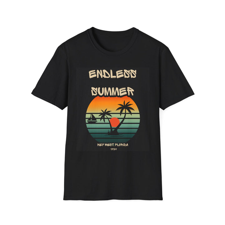 May include: Black t-shirt with a retro-style graphic design featuring a sunset, palm trees, and a sailboat. The text on the shirt reads 'Endless Summer', 'Key West, Florida', and '1924'.