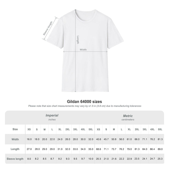 May include: A size chart for Gildan 64000 t-shirts. The chart shows the measurements for the width, length, and sleeve length of the t-shirts in both imperial and metric units. The sizes range from XS to 5XL. The chart also includes a note that measurements may vary by ±1.5 in (3.8 cm) due to manufacturing tolerances.